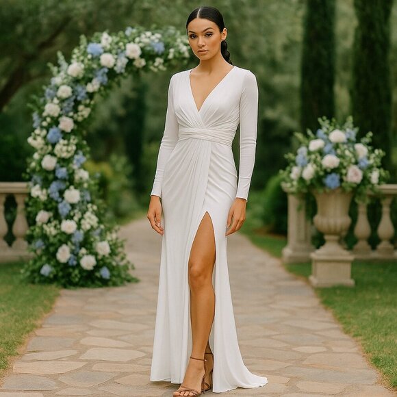 NWT Mac Duggal V-Neck Long Sleeve High Slit Gown White 14 #7916 - Picture 1 of 9